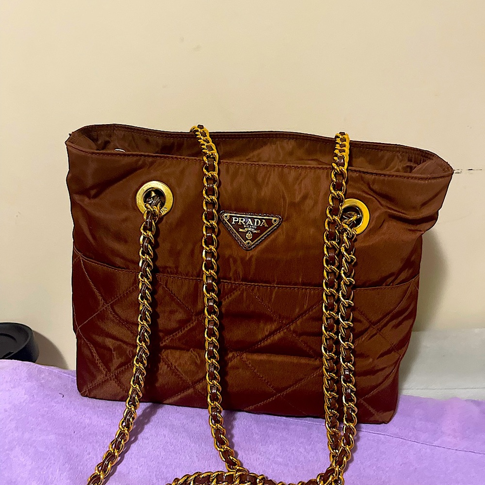 PRADA Quilted Nylon Tote Bag with Gold Chain